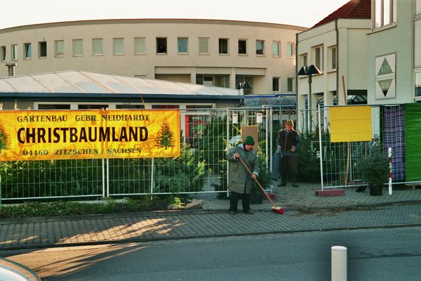 Weihnachtsbaumverkaufsstand mit Christbaumland-Banner in Grünau